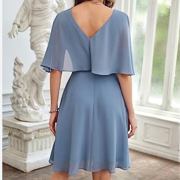 NEW| Women's Chiffon Flutter Sleeves Pleated V-Neck Lace Cocktail Dress - Picture 3 of 7